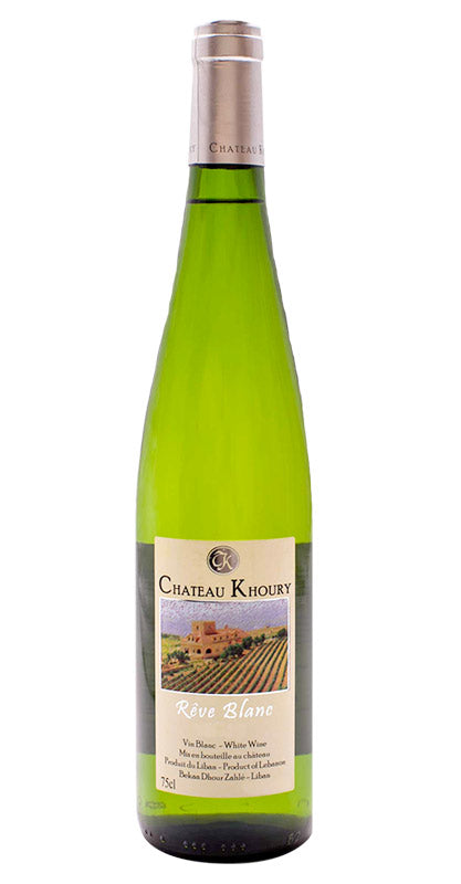 レバノンのワインの銘醸地ベカー高原標高1300m地点のオーガニックワイナリー、シャトークーリが造るアルザススタイルのボトルの白ワイン、レ―ヴ・ブラン。ワイン畑に囲まれたシャトーがラベルに描かれている。